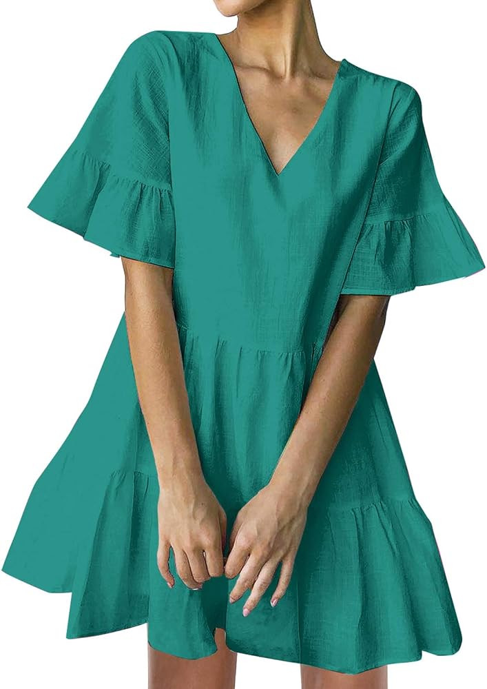FANCYINN Women’s Cute Shift Dress with Pockets Bell Sleeve Ruffle Hem V Neck Loose Swing Tunic ... | Amazon (US)