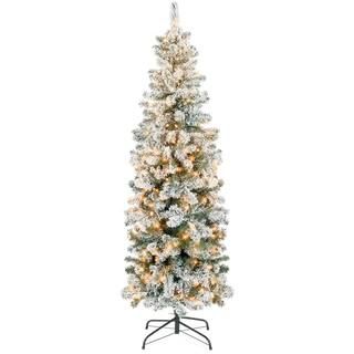 12 ft. Pre-Lit Incandescent Snow Flocked Pencil Artificial Christmas Tree with 950 Clear Lights | The Home Depot