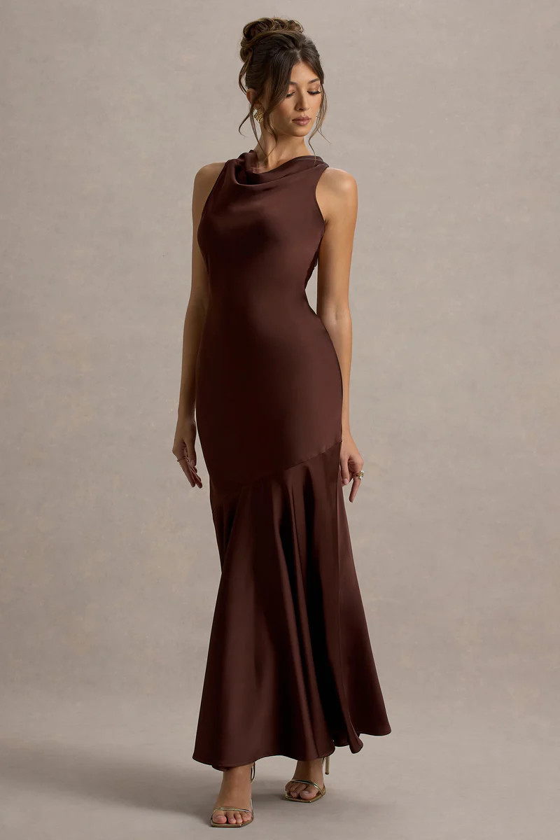 Amelita  Brown Satin Cowl-Neck Maxi Dress | Club L London