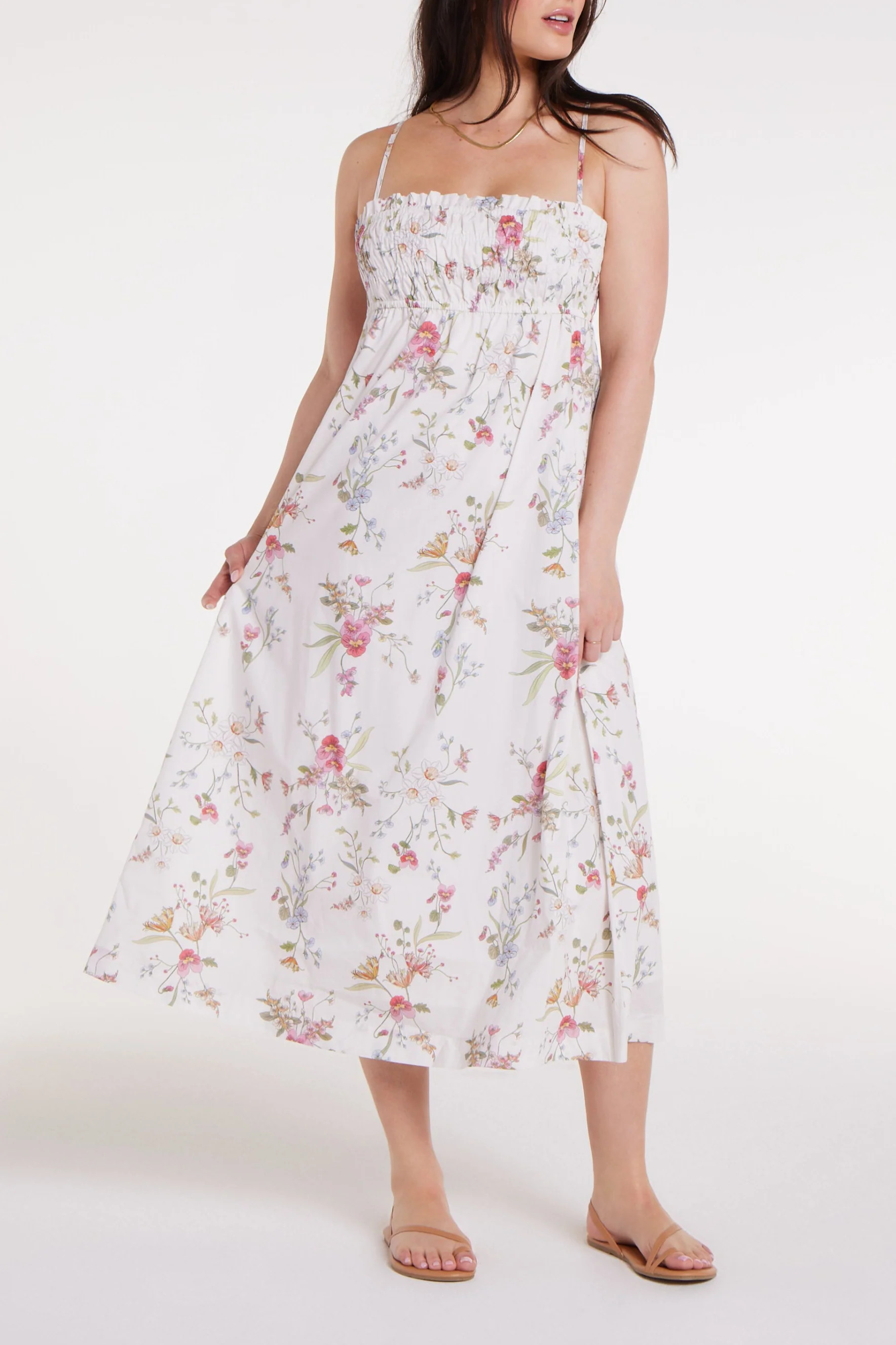 Margot Smocked Spaghetti Strap Midi Dress in White Floral | Hermoza