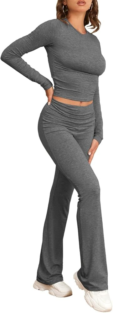 Famulily Women's Tracksuit Two Piece Outfit Skims Dupe Long Sleeve Fold-over Crop Top and Low Ris... | Amazon (UK)