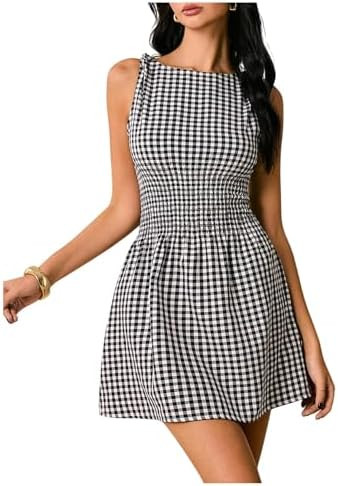 Floerns Women's Tie Shoulder A Line Gingham Dress Boat Neck Mini Checkered Elegant Dresses | Amazon (US)