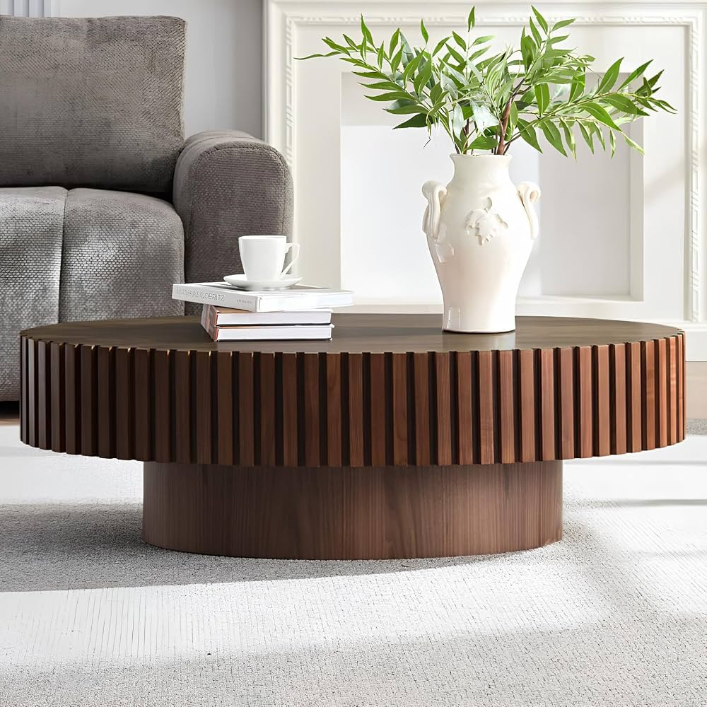 Wood Drum Coffee Table Handcraft Fluted Coffee Table Modern Mid Century Handcrafted Relief Tea Ta... | Amazon (US)
