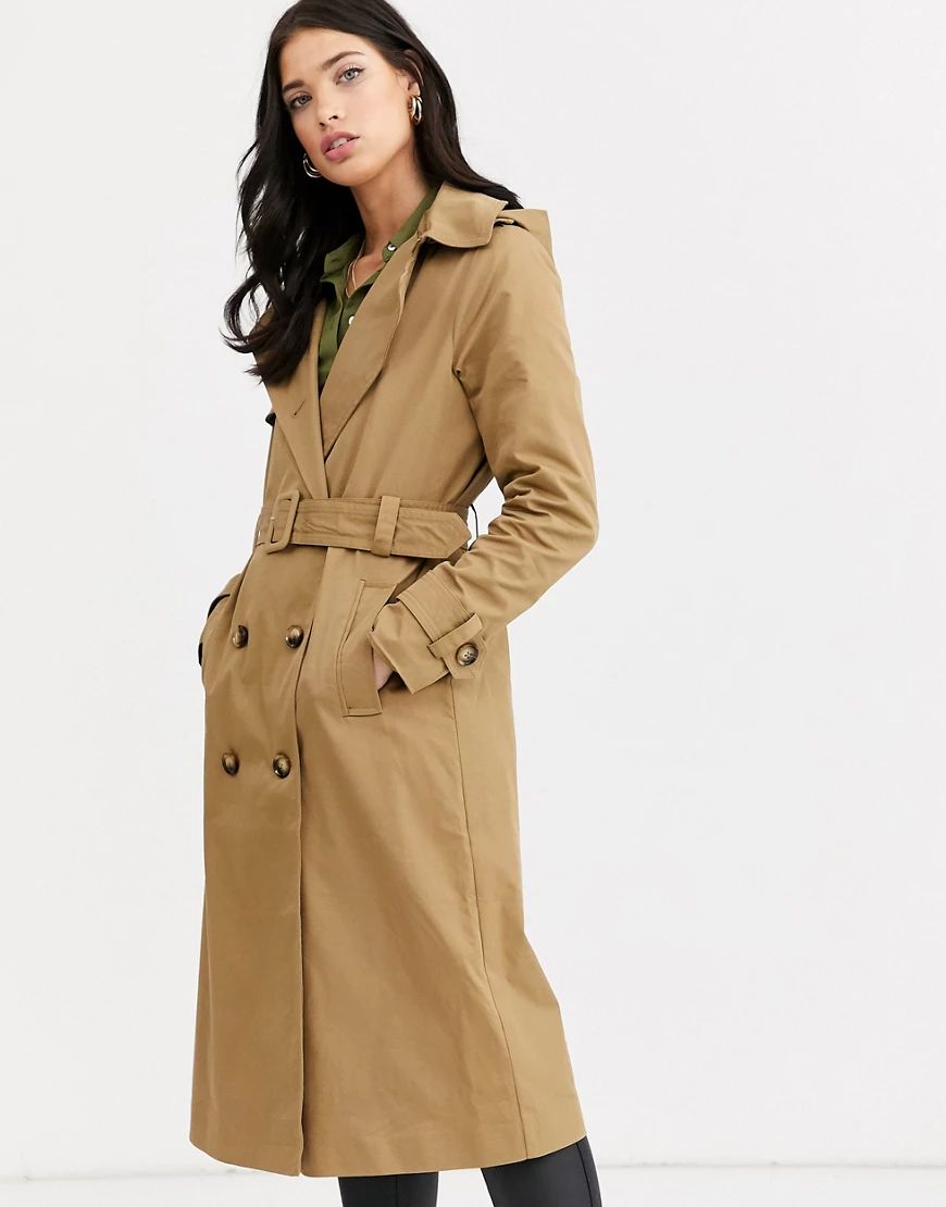 Fashion Union double breasted hooded trench coat with check lining-Beige | ASOS (Global)
