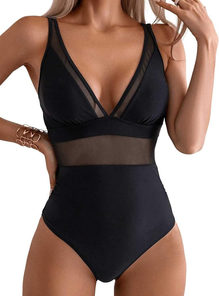 Milumia Women's Sexy Mesh One Piece Swimsuits Plunging V Neck High Waisted Tummy Control Push Up ... | Amazon (US)