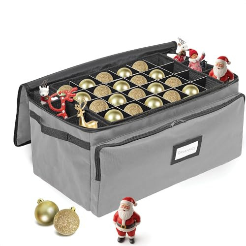 Premium Christmas Ornament Storage Box - Hold Up to 72-3 Inch Ornaments, + 6 Side Slots for Figurines, Nutcrackers, etc. Holiday Decoration Organizer - Quality 600D Canvas for Durability - Grey | Amazon (US)