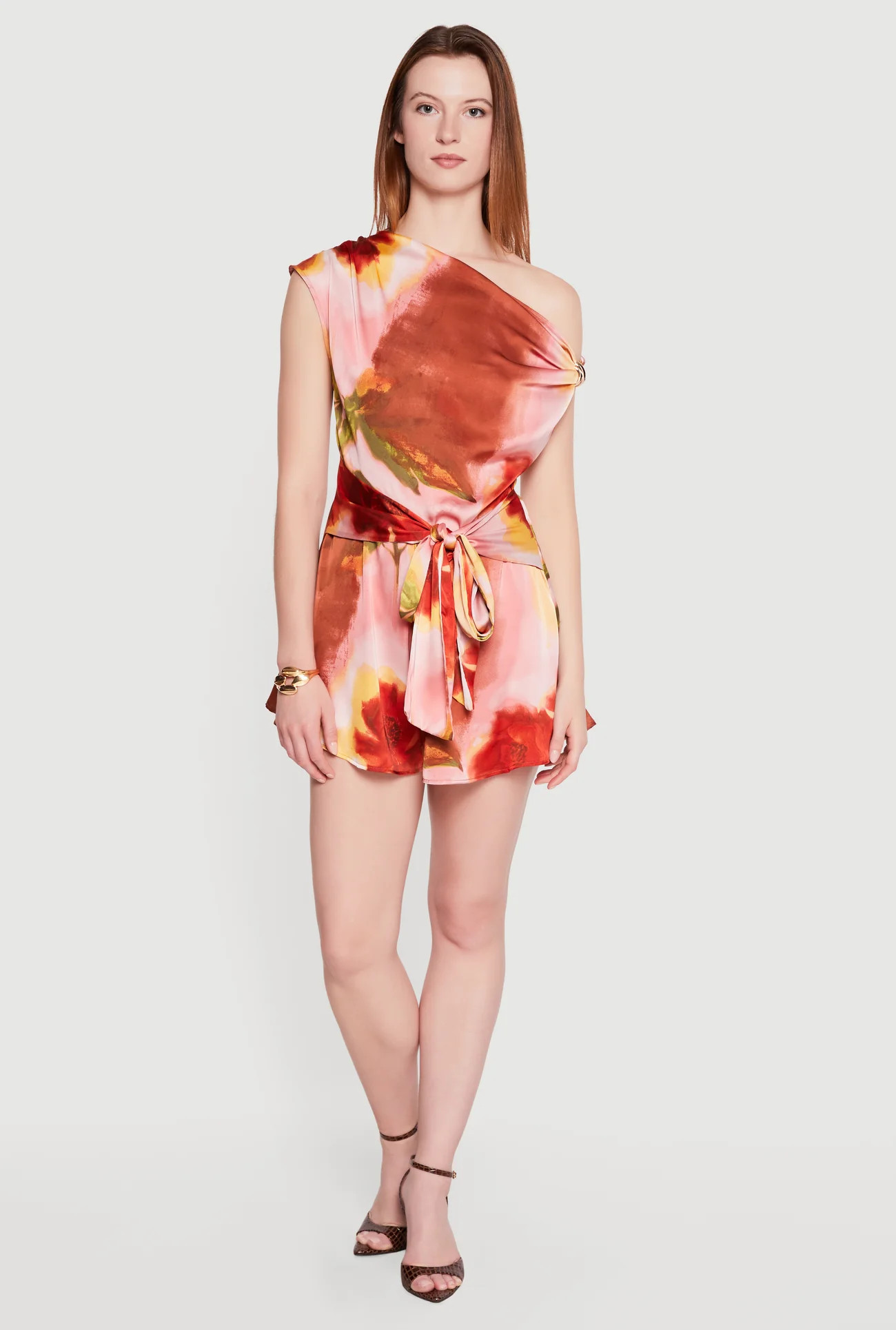 Printed Satin Tie Waist One Shoulder Romper | Rainbow Shops