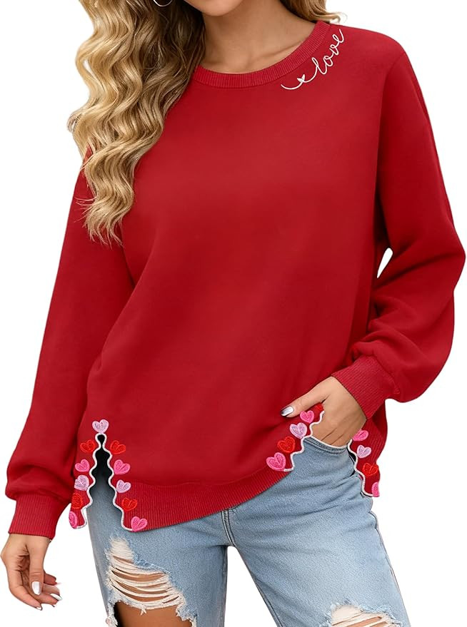 PECHAR Valentine Sweatshirts Women Love Valentines Shirts Embroidered Crewneck Long Sleeve Tops W... | Amazon (US)