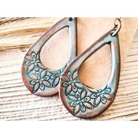 The Laguna - Hand Tooled Turquoise Leather Hoop Western Earrings Rustic Southwestern Jewelry Boho Co | Etsy (US)