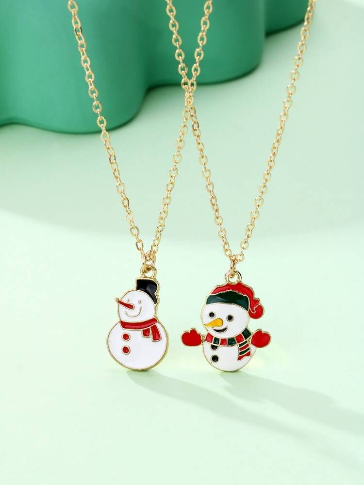 2pcs Girls Christmas Snowman Charm Necklace | SHEIN