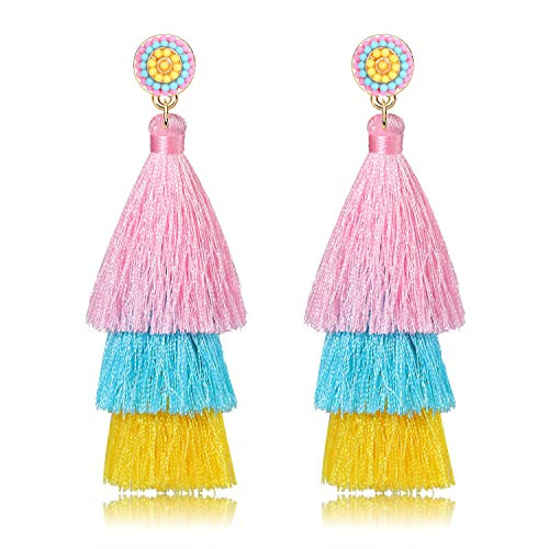 VOGUEKNOCK Easter Earrings Beaded Ear Stud Tiered Tassel Drop Earrings Easter Holiday Costume Party Jewelry Accessories (Pink Blue Yellow) | Amazon (US)
