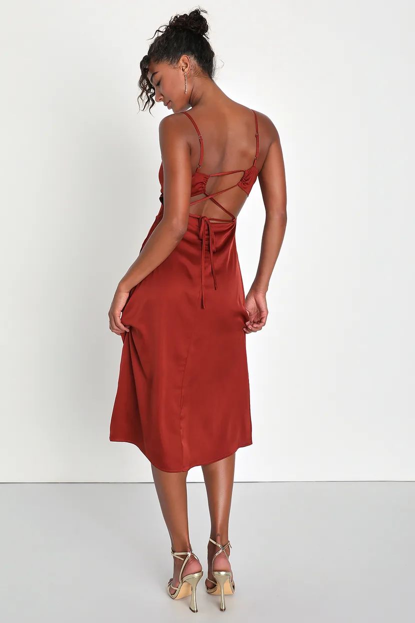 Icon Behavior Rust Satin Lace-Up Backless Midi Dress | Lulus (US)