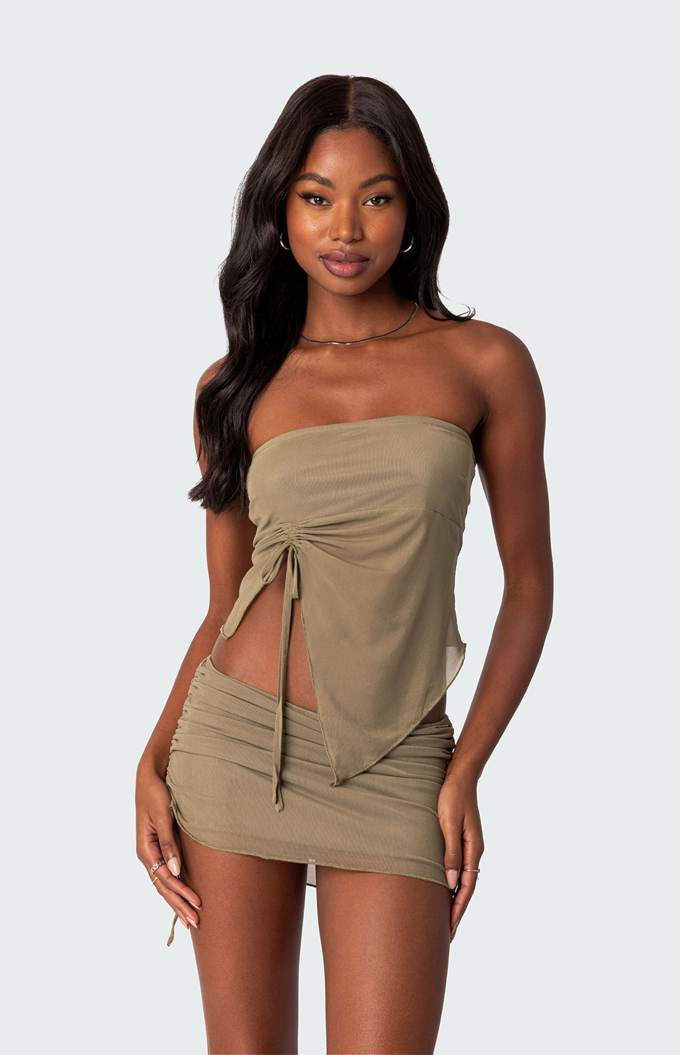 Edikted Women's Joy Asymmetric Sheer Mesh Tube Top in Olive - Size Small | PacSun