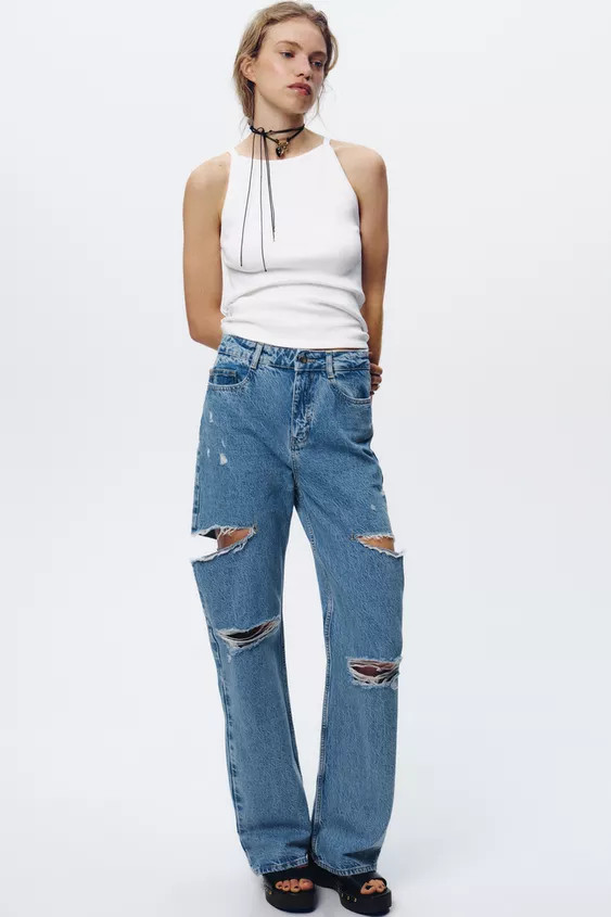 Z1975 HIGH-WAISTED STRAIGHT LEG RIPPED JEANS | Zara US