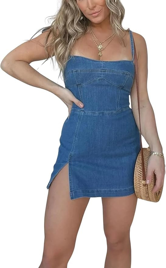 utcoco Women's 2025 Summer Tie Shoulder Denim Mini Dress Sleeveless Side Slit Bodycon Short Jean ... | Amazon (US)