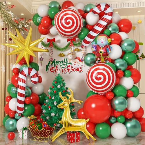 Christmas Balloons Garland Arch Kit Red White Green Xmas Decoration Balloon with Candy Gingerbread Elk Santa Claus Merry Christmas Foil Balloons for New Year Winter Holiday Christmas Party Decorations | Amazon (US)