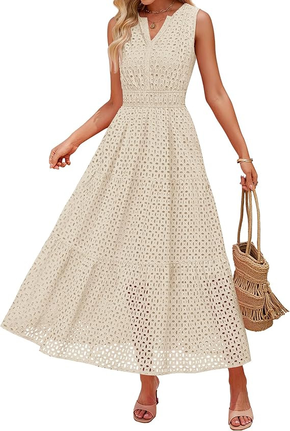 ZESICA Women's 2026 Summer Sleeveless Maxi Dress Casual V Neck Hollow Out Eyelet A Line Flowy Par... | Amazon (US)