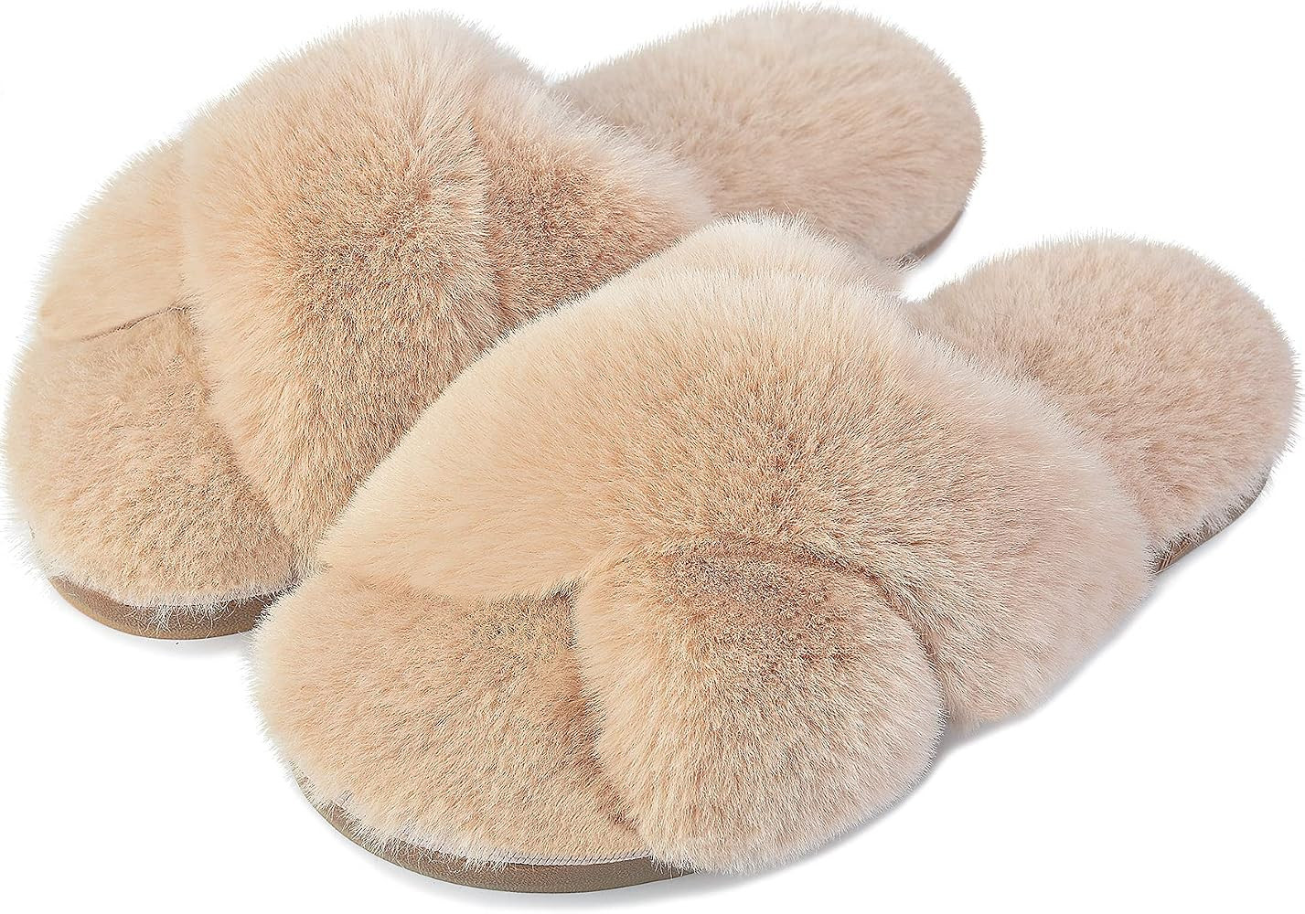 DL Womens Cross Band Soft Plush Slippers Furry Fleece Slip on Slippers Open Toe House Shoes Slide... | Amazon (US)