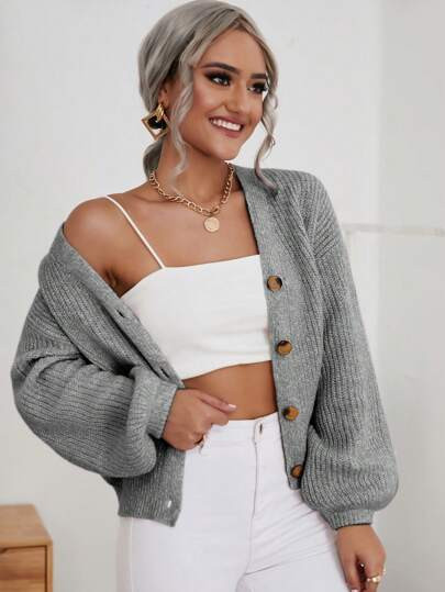 SHEIN Frenchy Stevige Voorpand met knoppen Plofmouwen Cardigans | SHEIN