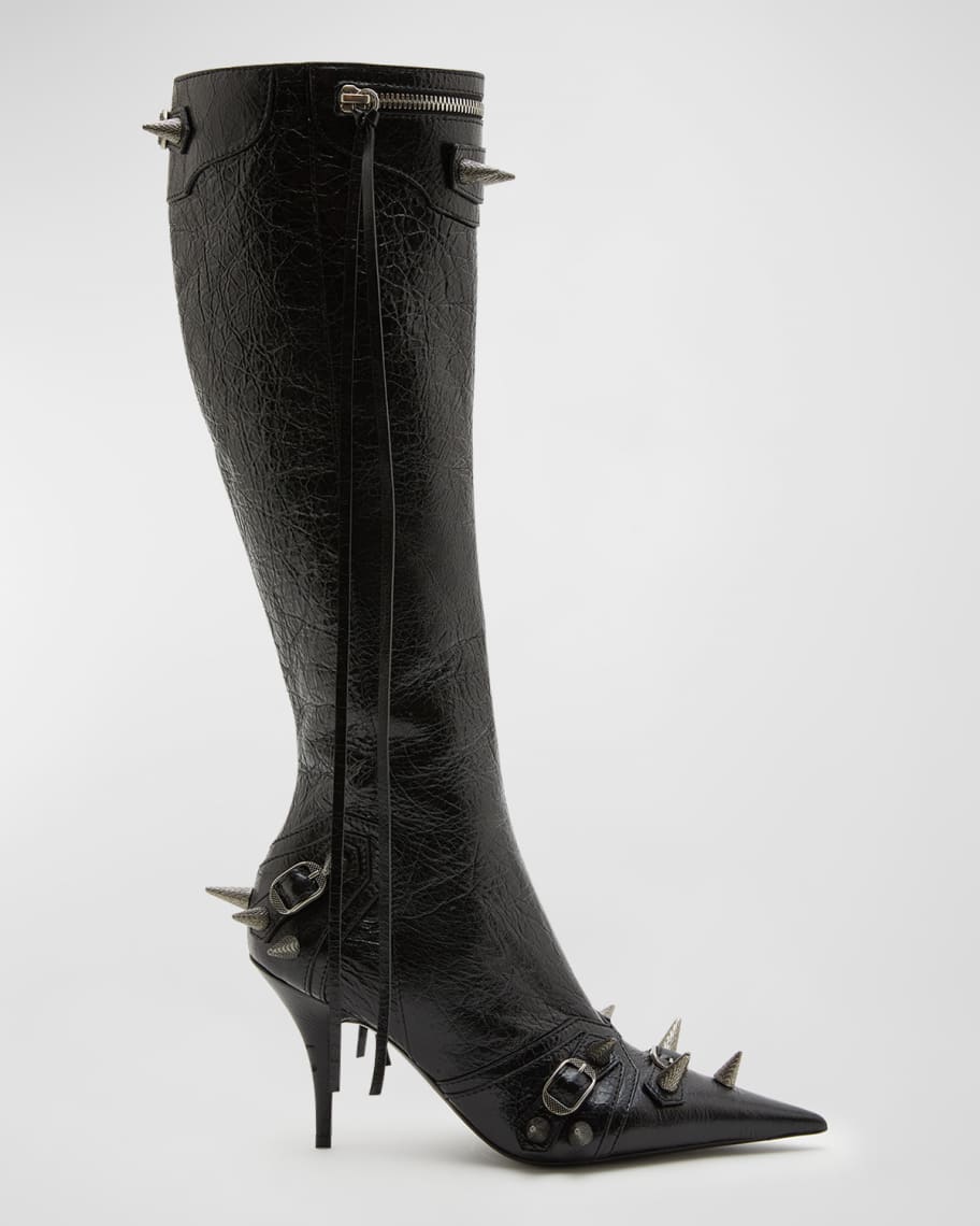 Balenciaga Cagole Lambskin Buckle Zip Knee Boots | Neiman Marcus