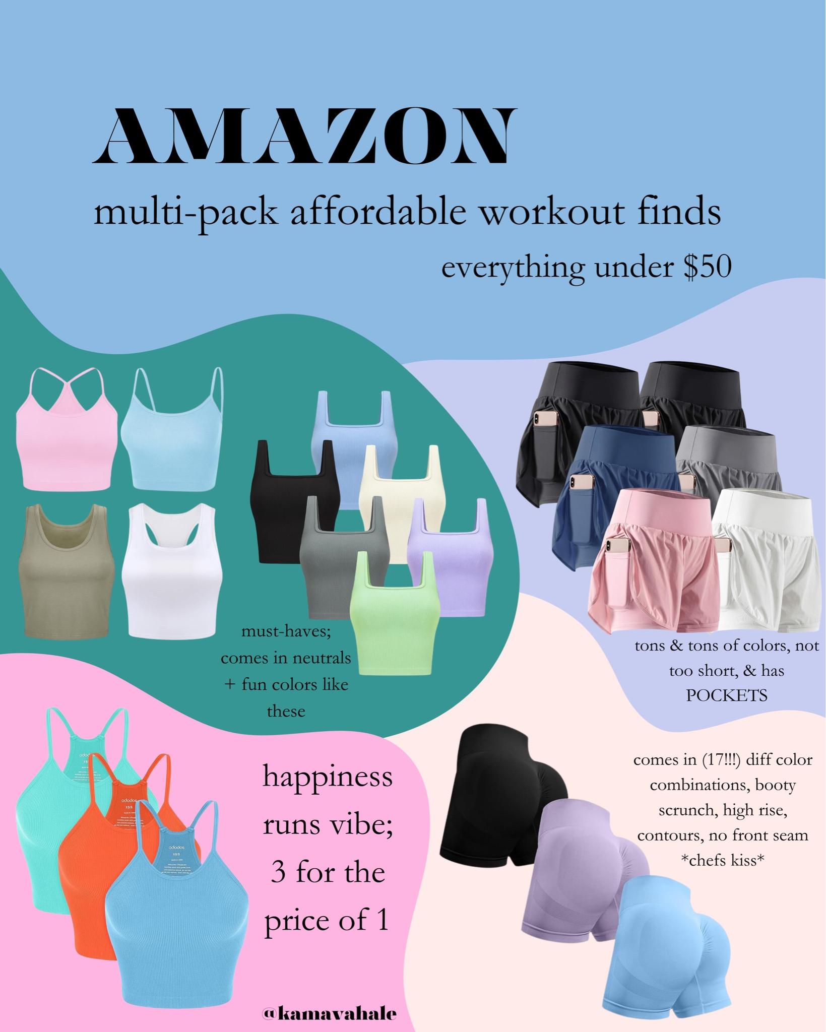 AMAZON AFFORDABLE WORKOUT ACTIVEWEAR - under $50 & all comes in multi-packs! 🫶🏻

the best activewear finds from Amazon, all coming in bundles for less than the price of 1 name-brand item?! sign me up 🤝🏻

absolutely obsessed with cropped ribbed seamless tanks for summer, pocket running shorts, and high waisted contour booty scrunch shorts (that come in a 3-pack for half the price of 1 pair of name-brand shorts…an INSANE find + top rated on amazon!) 🤭

shop my finds + so much more on LTK 💕 @kamavahale

#LTKActive #LTKsalealert #LTKfitness