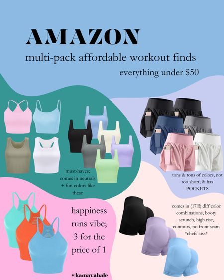 AMAZON AFFORDABLE WORKOUT ACTIVEWEAR - under $50 & all comes in multi-packs! 🫶🏻

the best activewear finds from Amazon, all coming in bundles for less than the price of 1 name-brand item?! sign me up 🤝🏻

absolutely obsessed with cropped ribbed seamless tanks for summer, pocket running shorts, and high waisted contour booty scrunch shorts (that come in a 3-pack for half the price of 1 pair of name-brand shorts…an INSANE find + top rated on amazon!) 🤭

shop my finds + so much more on LTK 💕 @kamavahale

#LTKActive #LTKsalealert #LTKfitness