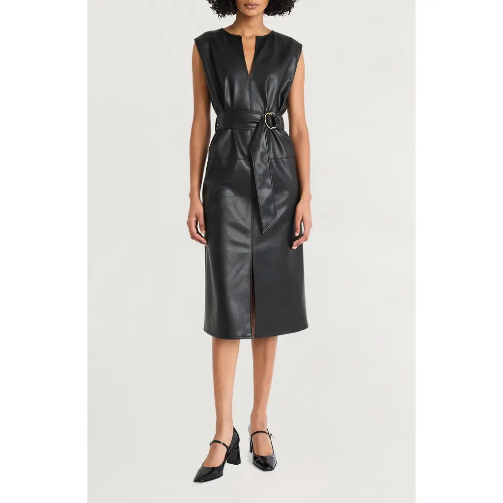 Luxely Faux Leather Belted Midi Dress in Black at Nordstrom, Size 12 | Nordstrom