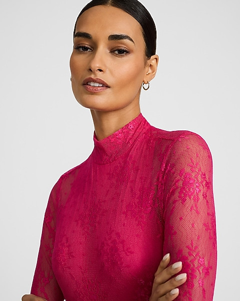 Long Sleeve Mock Neck Lace Maxi Dress | Express