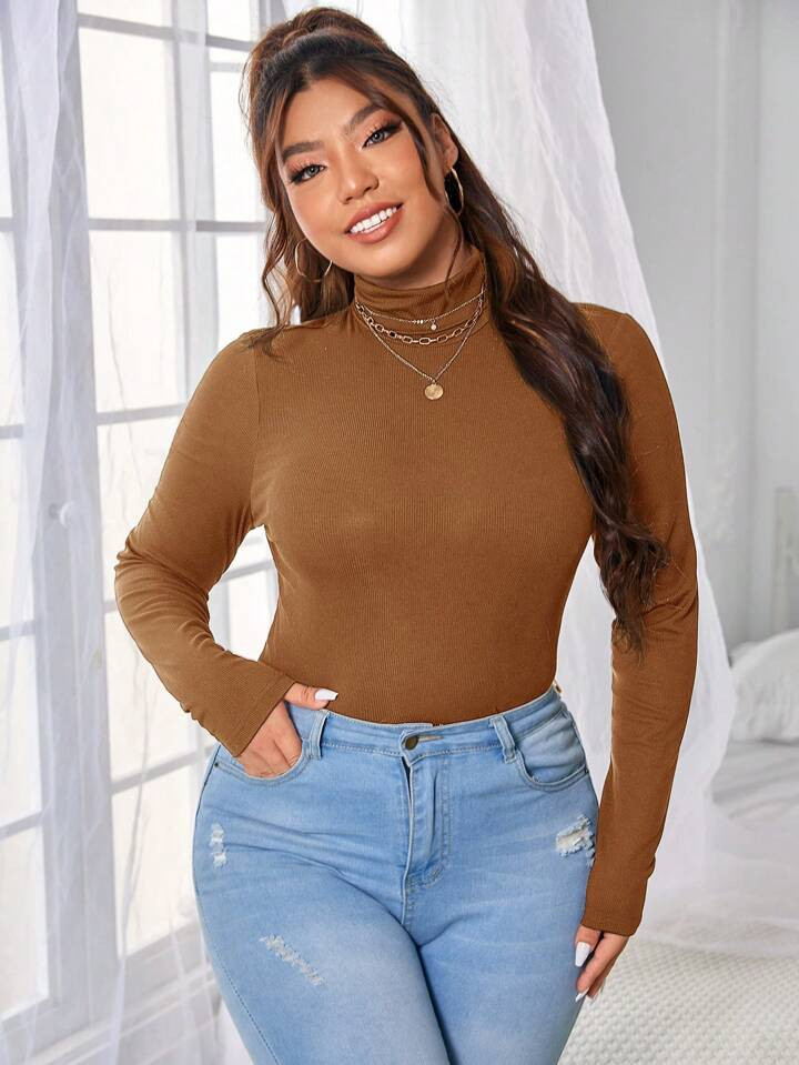 SHEIN Essnce Plus Ribbed Knit Turtleneck Tee | SHEIN