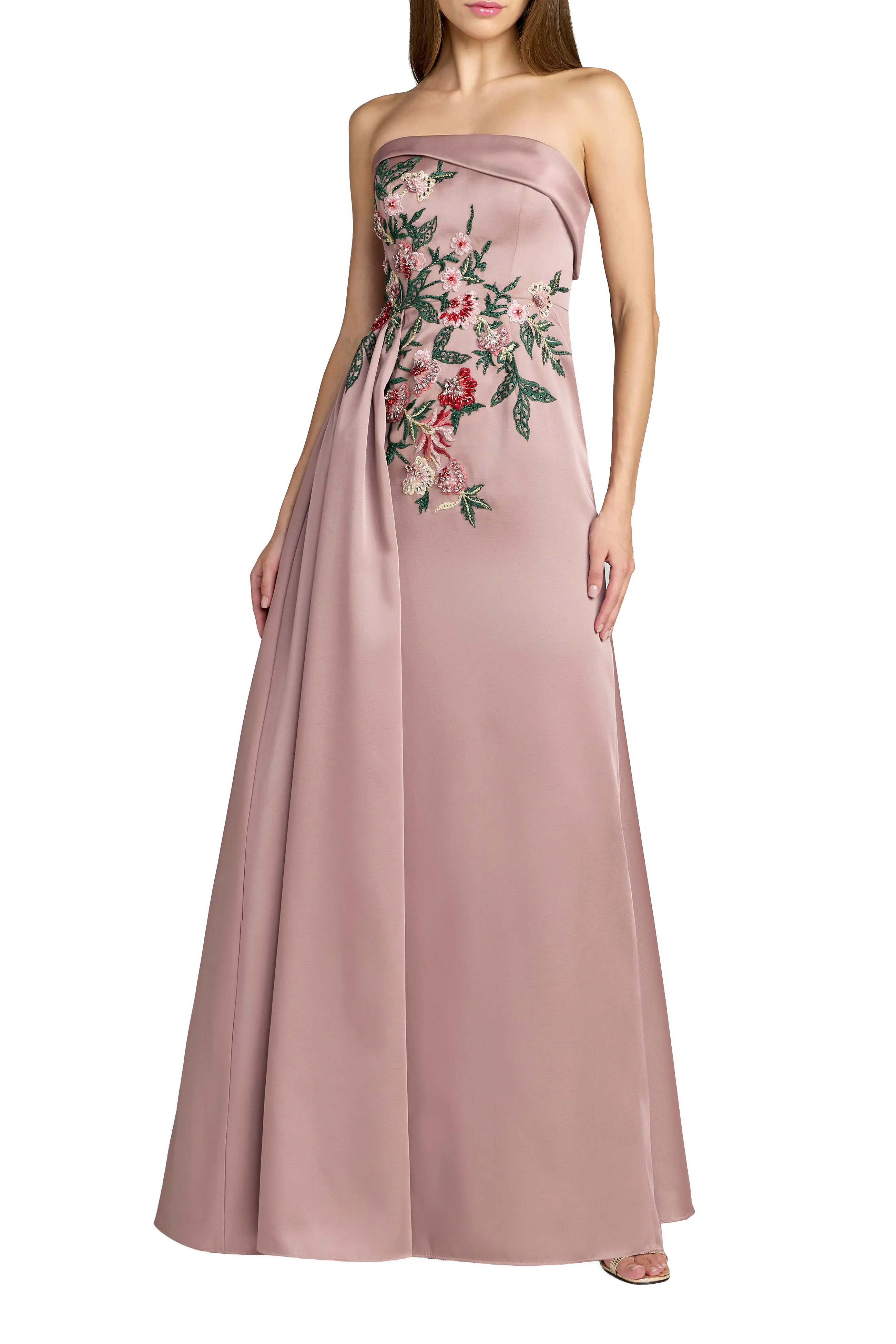 Mac Duggal Strapless Satin Beaded Floral Gown in Mocha at Nordstrom, Size 12 | Nordstrom