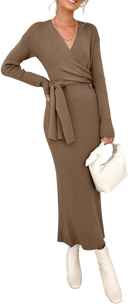 Happy Sailed Womens Knit Dress Fall Long Sleeve Wrap V Neck Tie Waist Ribbed Sweater Dresses | Amazon (US)