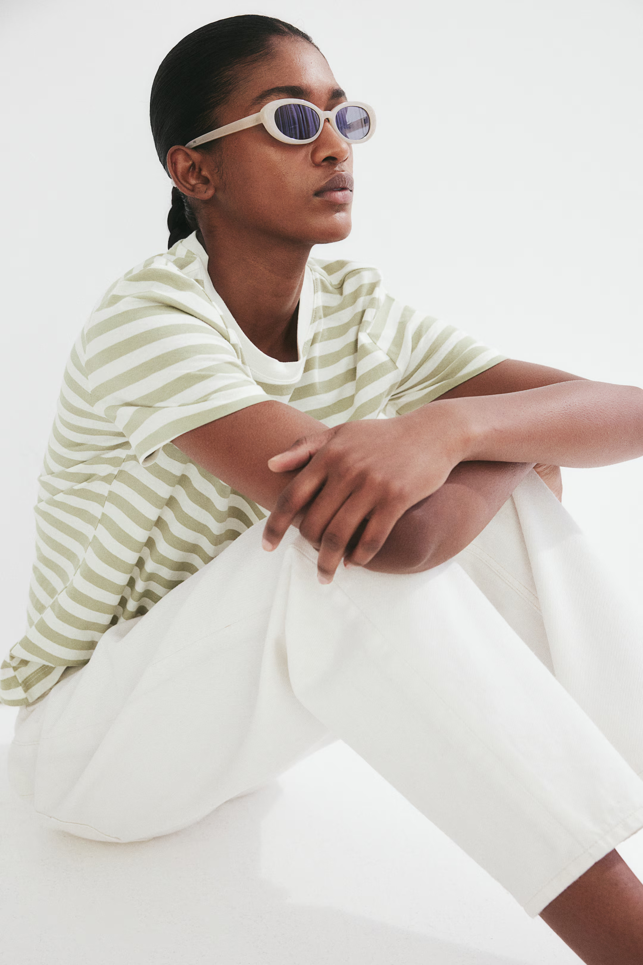 Printed T-shirt - Light khaki green/striped - Ladies | H&M US | H&M (US + CA)