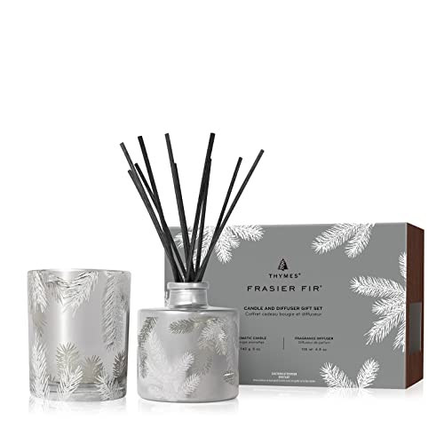 Thymes Frasier Fir Statement Candle and Diffuser Gift Set - Holiday Home Decor - Notes of Siberian Fir, Cedarwood, and Sandalwood - Silver (4 fl oz Petite Diffuser + 5 oz Candle) | Amazon (US)