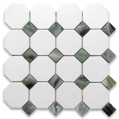 Thassos White Marble Octagon and Ming Green Dots Mosaic Tile Matte | Wayfair North America