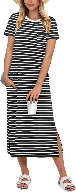 ANRABESS Womens Midi Dress,Summer Long Tshirts Dresses,Short Sleeve Split Stripe,Comfy Travel Bea... | Amazon (US)