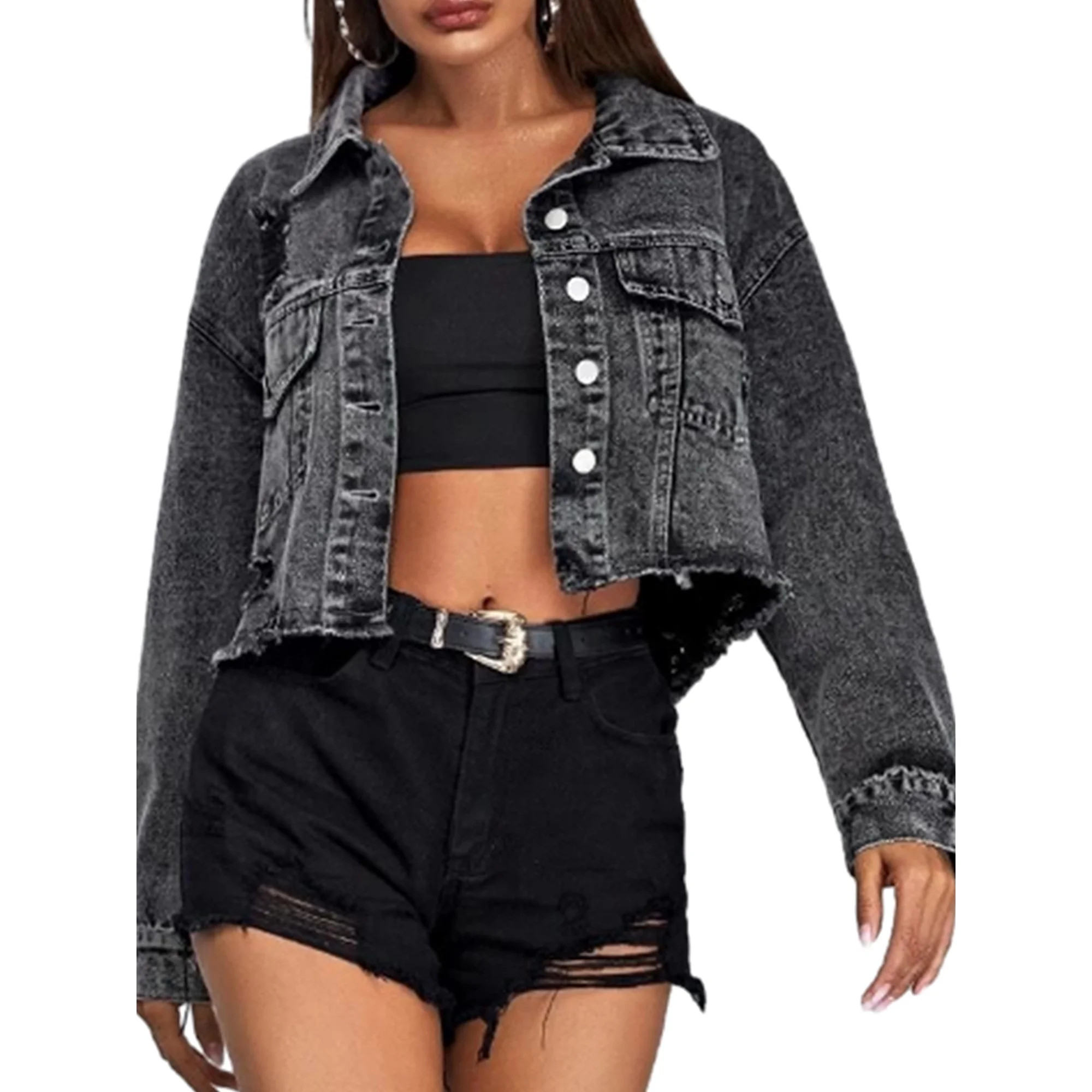 WIFORNT Women's Spring Casual Denim Coats Long Sleeve Button Cropped Jean Jackets | Walmart (CA)