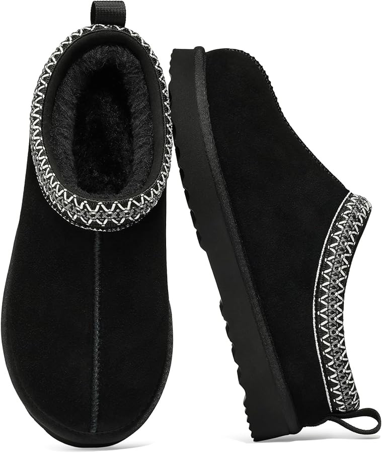 Genuine Suede Fuzzy Slippers for Women Winter Warm House Shoes Cozy Mini Boots for Indoor Outdoor | Amazon (US)