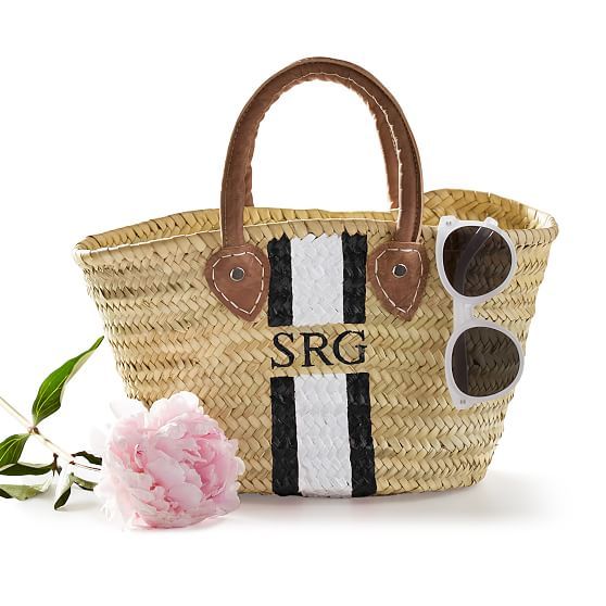 Hand-Painted Mini Straw Beach Bag, Black-White-Black | Mark and Graham