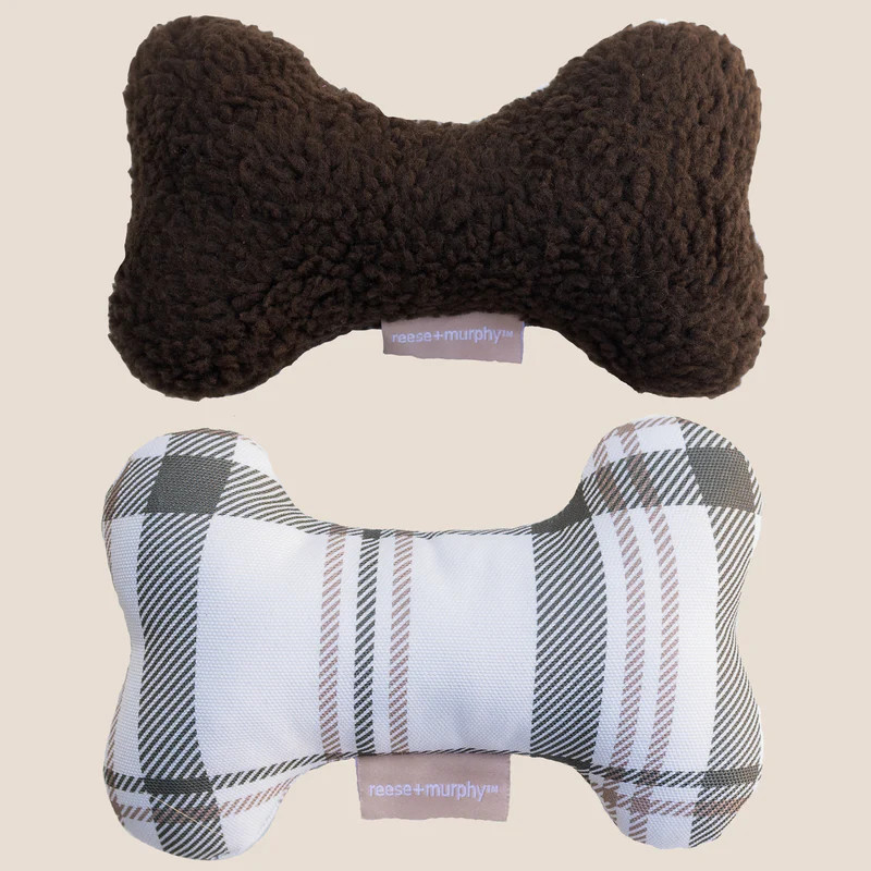 Chocolate Sherpa + Brown Plaid Bone Shaped Plush Toy Bundle 8" | Reese + Murphy LLC
