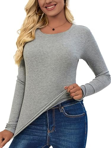 ASAIR Grey Long Sleeve T Shirt Women for Women Ribbed Fall Basic Trendy Stretchy Lightweight(Grey Medium) | Amazon (US)