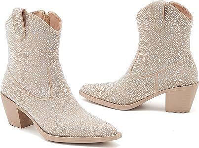 Women's Rhinestone Cowboy Boots Thick Root High Heel Pointed Toe Sparkling Cowgirl Boots | Amazon (US)