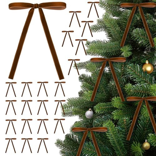 24 Pcs Brown Velvet Christmas Bows, 5x7 Inch Small Vintage Pre-Tied Ribbon Bows (3/8" Wide) for Tree Ornaments, Wreaths, Door, Garland, Holiday Decorations, Gift Wrapping | Amazon (US)