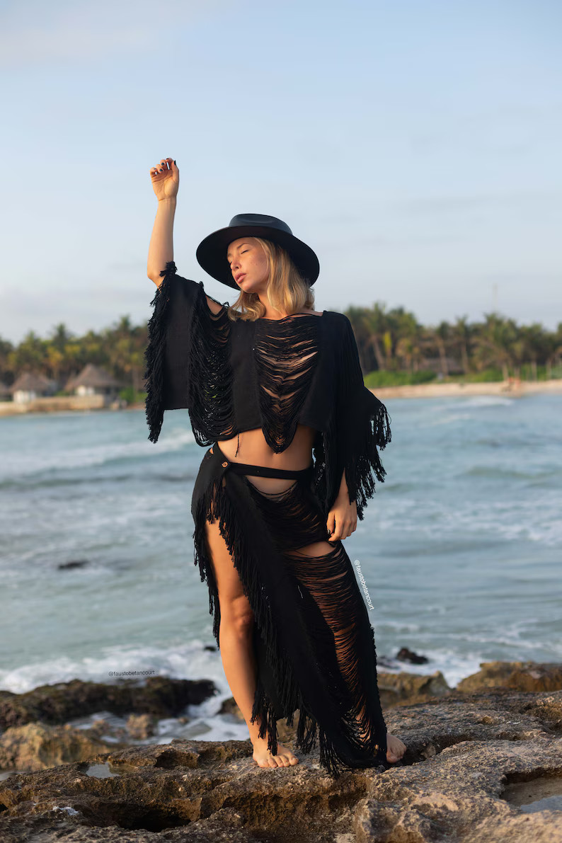 Burning Man Cotton Skirt and Crop Top Boho Chic Handmade, Coachella Relax Fit Hand Knit Pants - E... | Etsy (US)