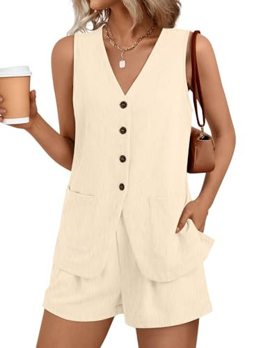 AUTOMET Summer Sets for Women Two Piece Vacation Outfits Short Set Button Down Business Casual Dressy 2 Piece Clothes 2026 Beige L | Amazon (US)