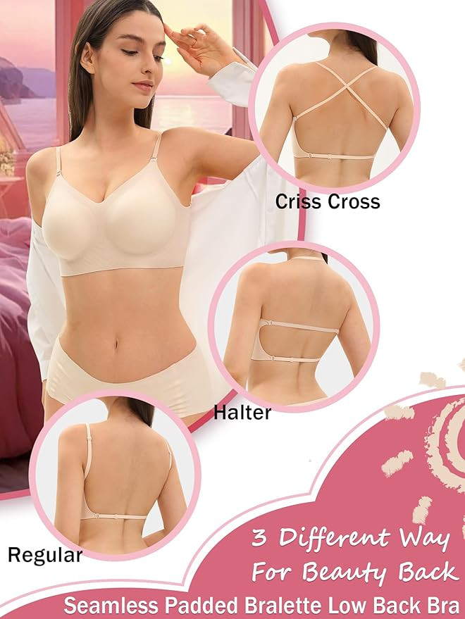 Seamless Low Back Bra Wireless Padded Bralette Thin Straps Comfort Halter Backless Cross Multiway... | Amazon (US)