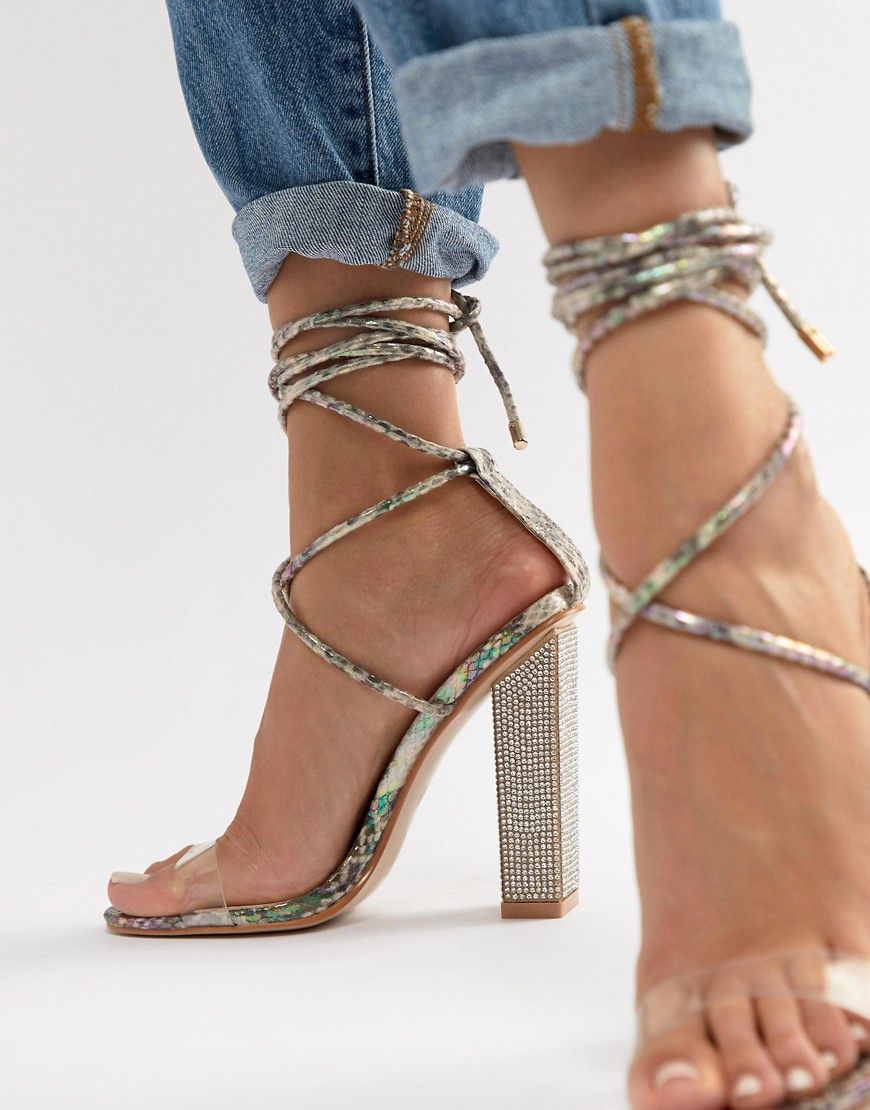 Simmi London Karla multi snake clear detail embellished block heel tie up sandals - Multi | ASOS US