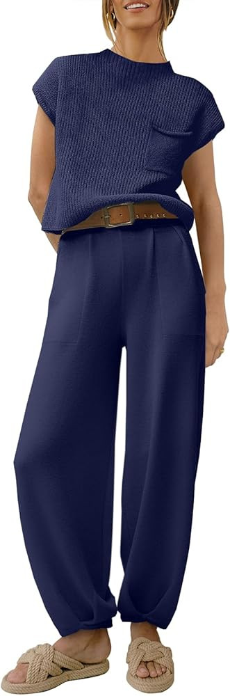 ANRABESS Women's Two Piece Outfits Knit Sweater Pullover Crop Top & Pants Lounge Matching Tracksu... | Amazon (US)