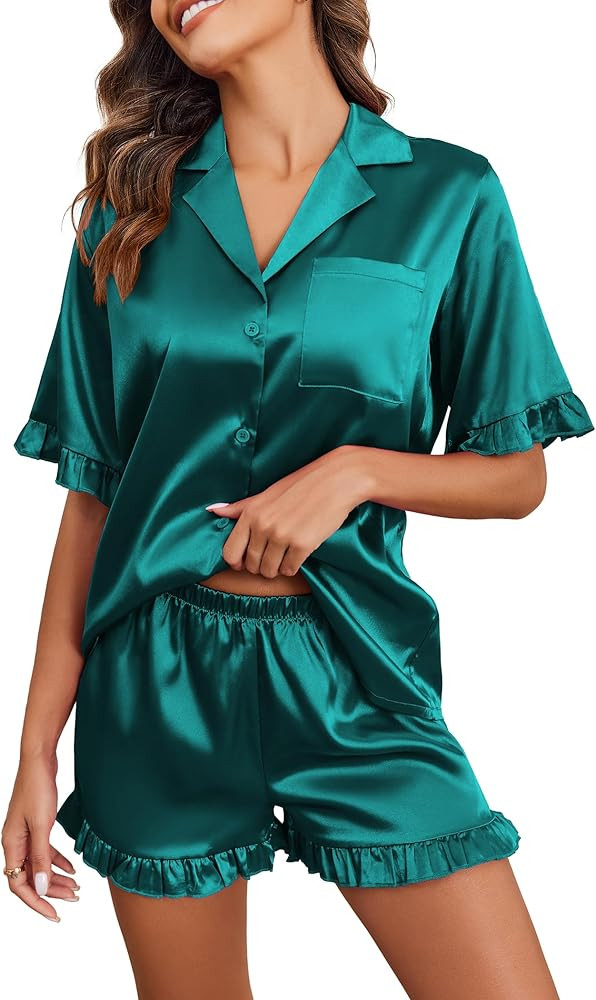 Ekouaer Women's Silk Satin Ruffled Pajamas Sets Button Down Pj Set Sleepwear S-XXL | Amazon (US)