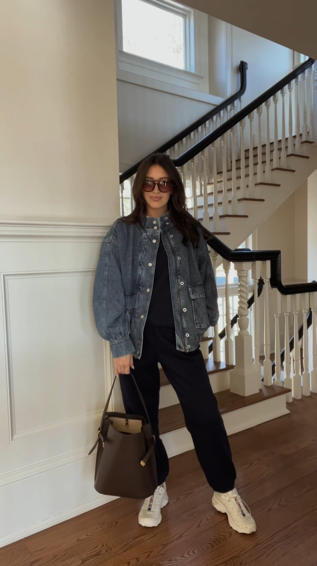 school drop ootd! Everything linked & my outfit is 40% off! I wear a size medium in the crew neck sweatshirt and a medium in the sweatpants. The denim jacket is a size small. The Salomon’s run a bit large, size down 1/2 size. 

#LTKFindsUnder100 #LTKSaleAlert