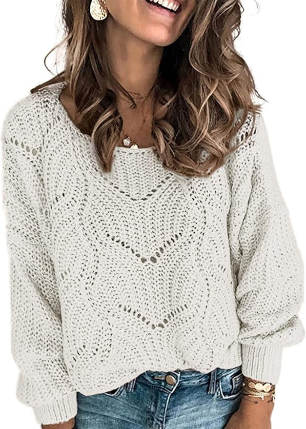 Dokotoo Womens 2022 Cute Elegant Soft Crewneck Long Sleeve Hollow Cable Knit Pullover Sweaters | Amazon (US)